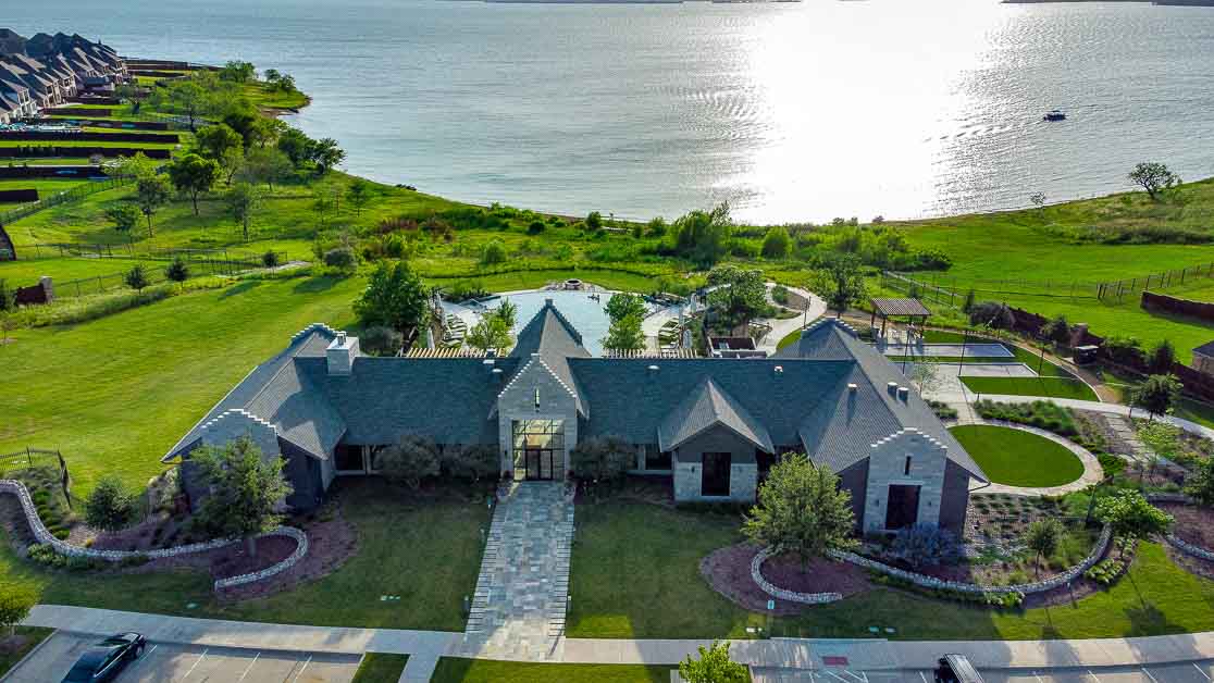 Aerial view of a lakeside home