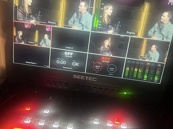 Live switcher and multiview monitor in the Plano video studio at studioUSA East