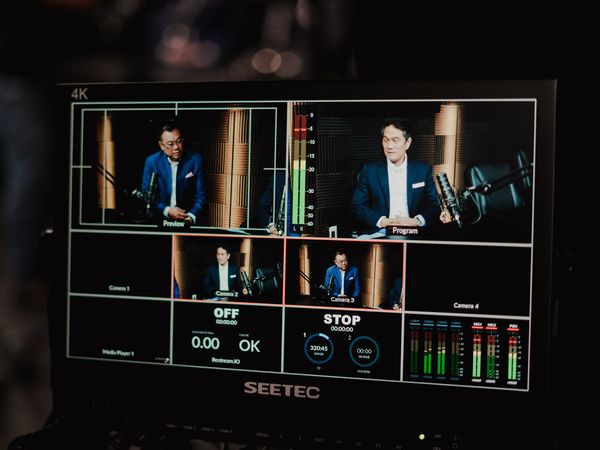 Multiview monitor during a two-person interview at studioUSA East in Plano