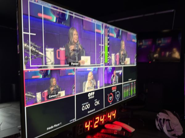 Program and preview monitors with session timer at studioUSA East in Plano