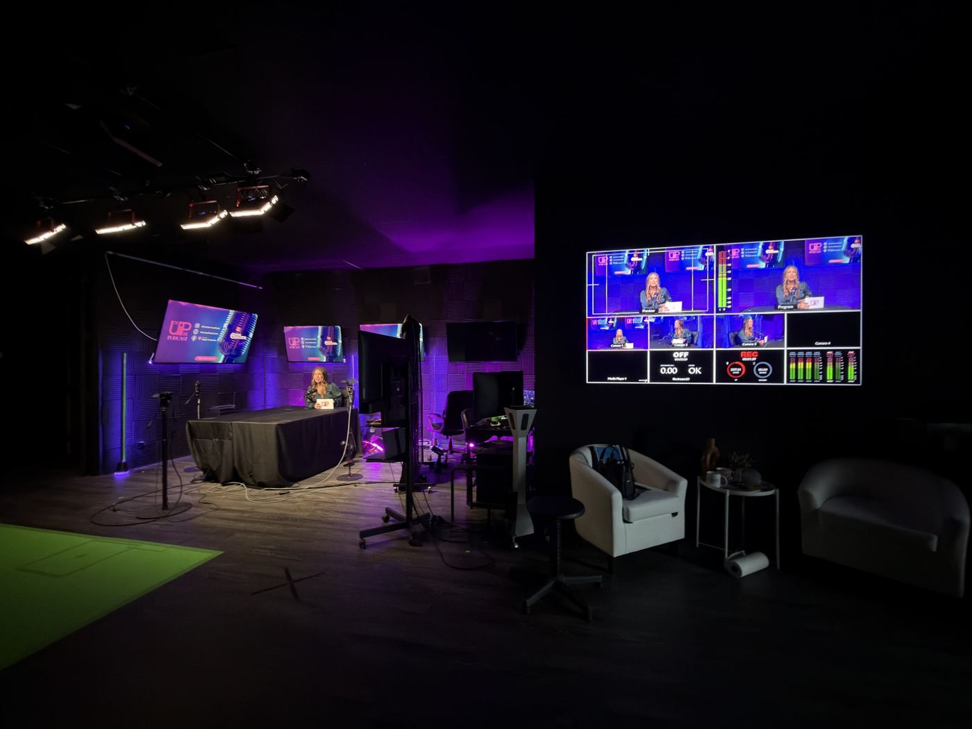 studioUSA East studio floor in Plano with cameras, set and switcher monitors
