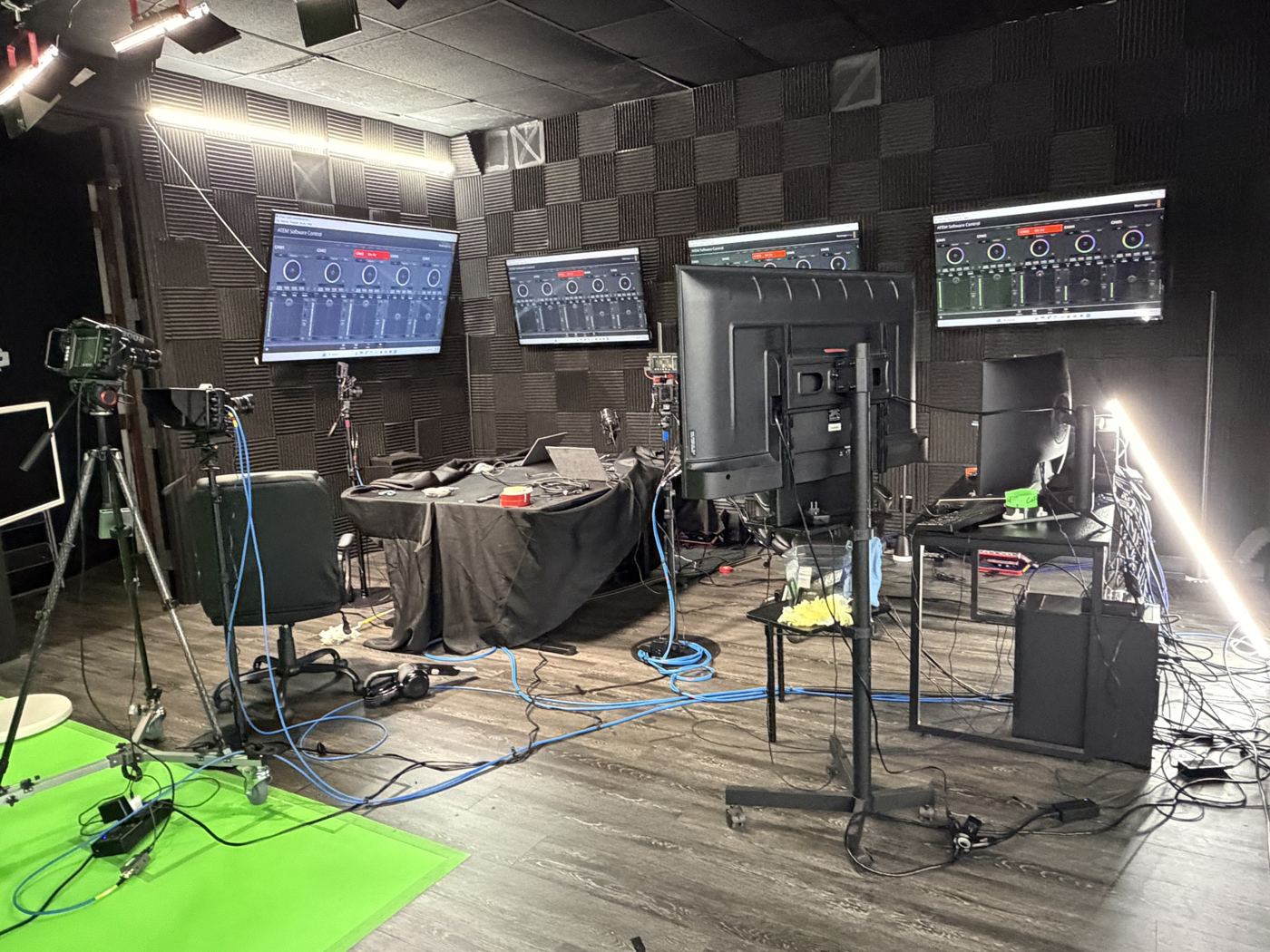 studioUSA East podcast set with three cameras, green screen floor and control desk